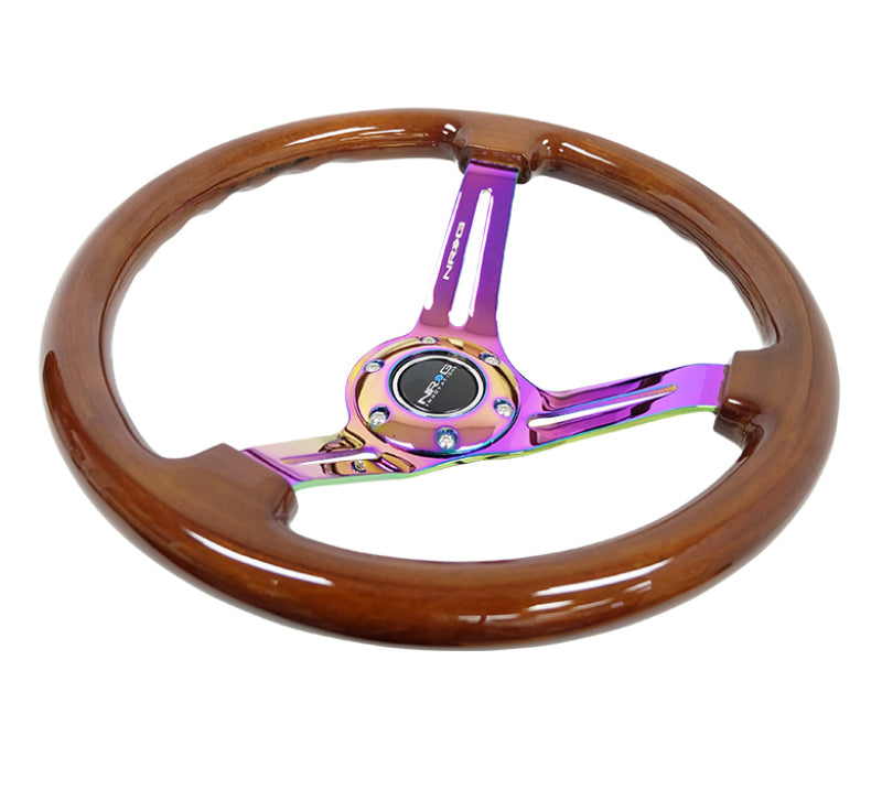 NRG reinforced 350mm brown wood steering wheel with black matte spokes and neochrome center mark, designed for automotive use.