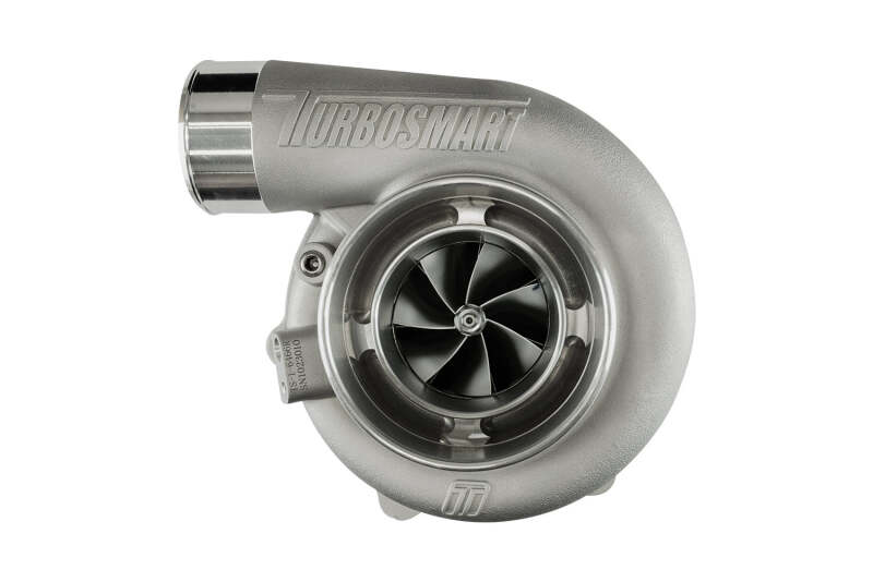 Turbosmart TS-1 Turbocharger with V-Band, 1.07AR, externally wastegated, reversed rotation, shown from side view on engine setup.