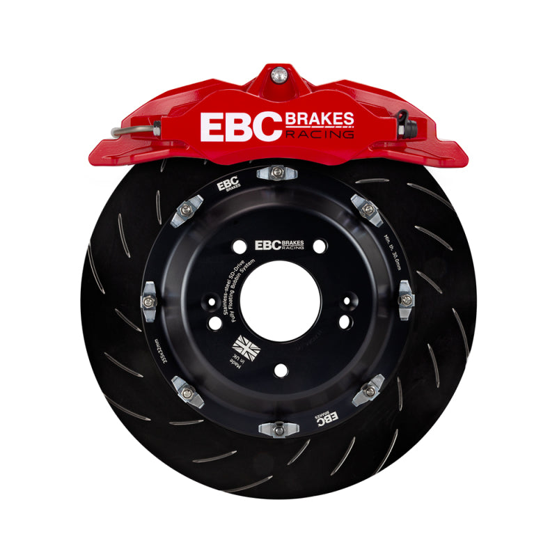 EBC Racing red Apollo-4 big brake calipers with 355mm rotors on a Ford Focus ST Mk3 front suspension system