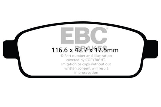 EBC 13+ Buick Encore 1.4 Turbo Redstuff rear brake pads, performance brake pads with red friction material and metal backing plate.