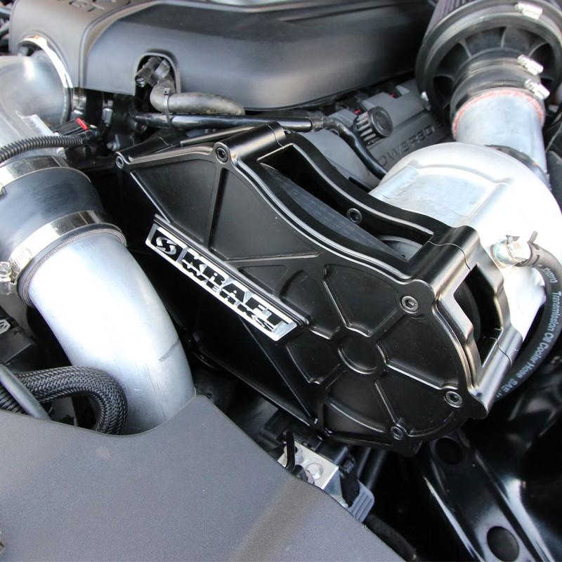 KraftWerks supercharger kit for 2015-2017 Ford Mustang 5.0L Coyote engine, showing the boost compressor and mounting components.