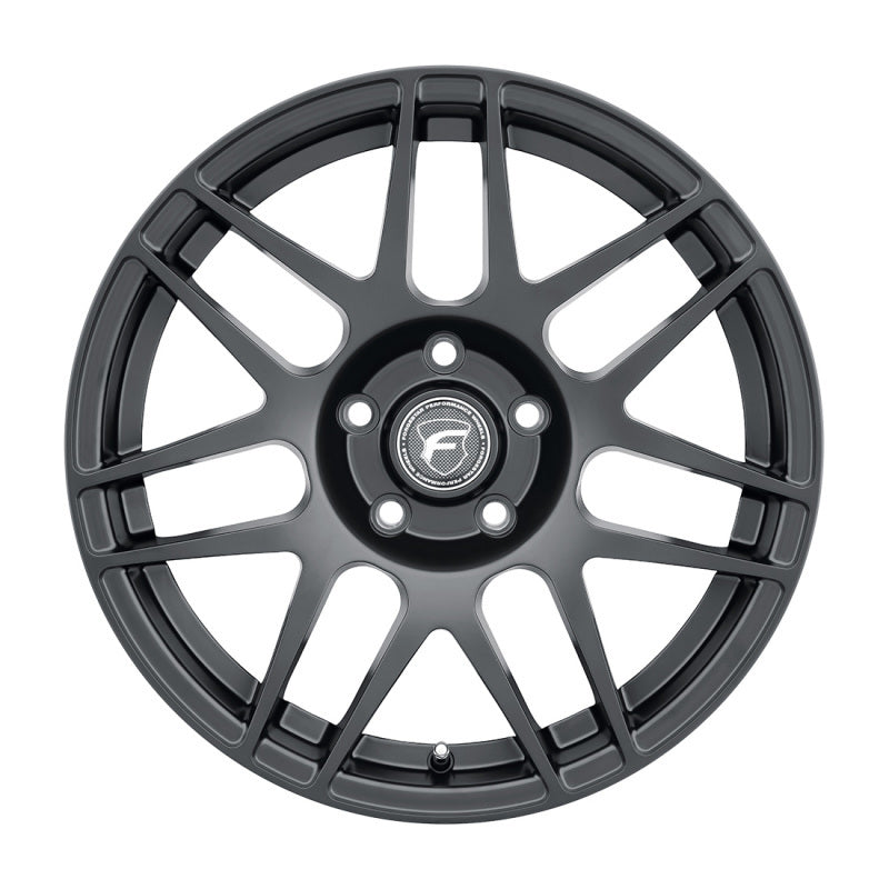 Forgestar F14 Drag 17x9.5 satin black cast wheel with 6x135 bolt pattern, ET25 offset, and 6.23-inch backspacing, shown from side angle.