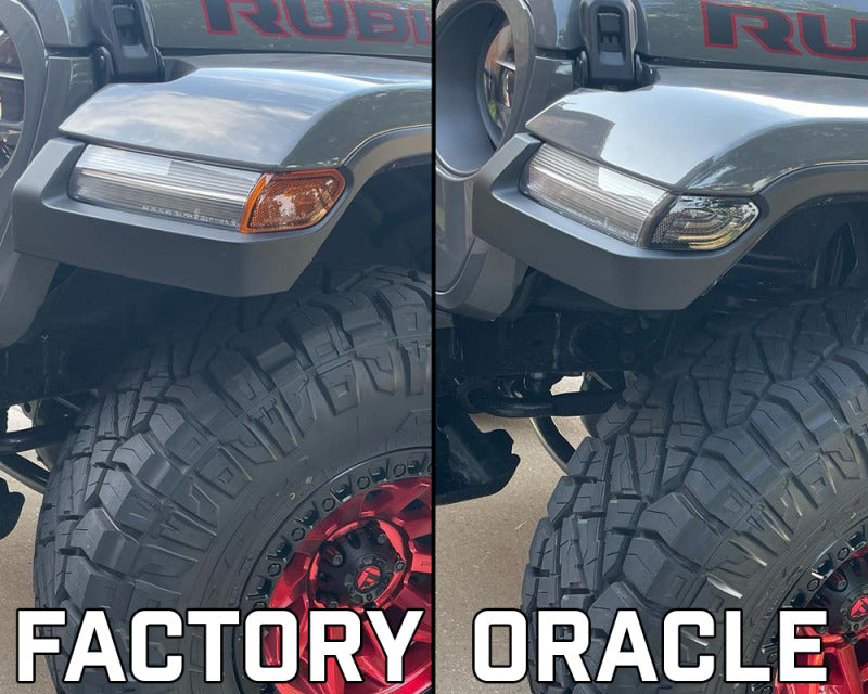 Oracle Jeep Wrangler JL smoked lens LED front sidemarker light strip, high-visibility automotive LED lighting for off-road vehicles