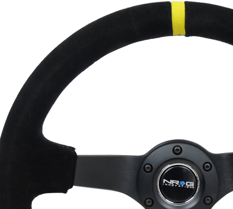 NRG reinforced steering wheel with black suede grip, yellow stitching, 350mm diameter, 3-inch deep, black spoke with yellow accents.