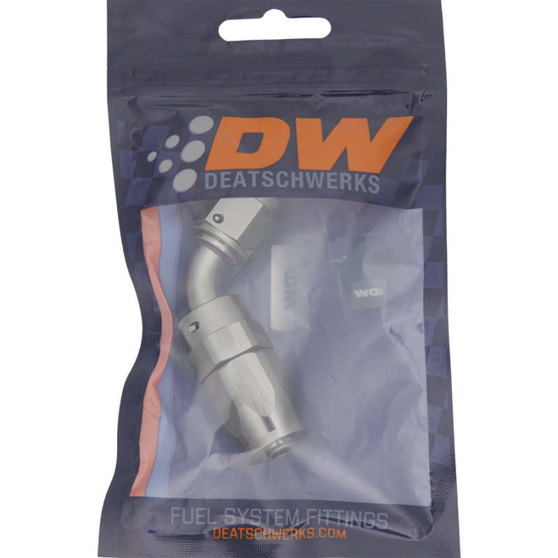 DeatschWerks 6AN female flare swivel hose end fitting with 60-degree CPE anodized titanium finish, durable automotive fitting.