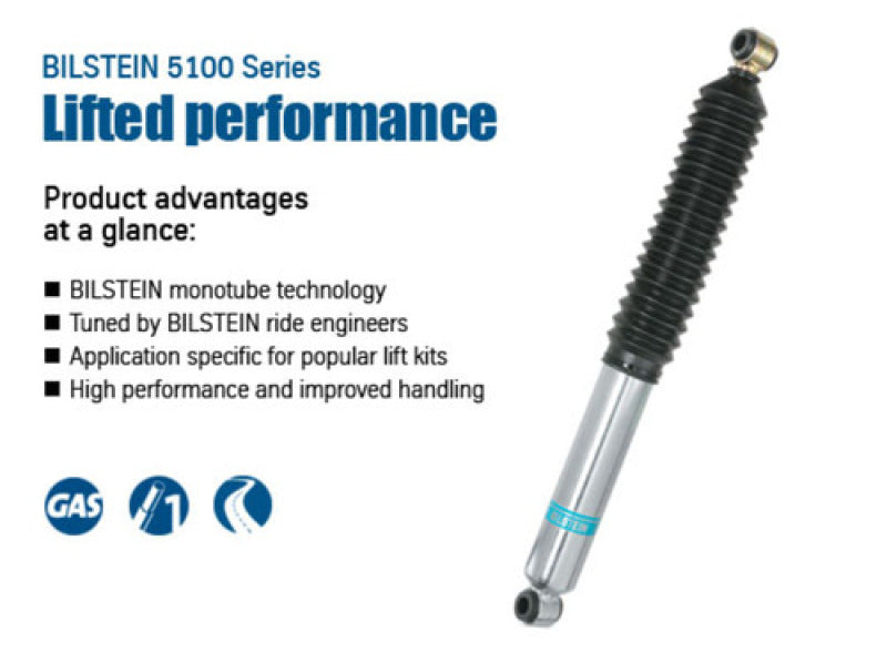 Bilstein 5100 Series rear 46mm monotube shock absorber for Toyota 4Runner 96-02, showing the shock's metal body and mounting points.