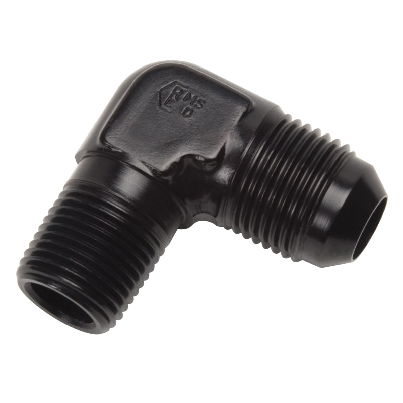Black Russell Performance -6 AN to 1/4 inch NPT 90-degree flare to pipe adapter fitting, showcasing the precise machining and threading.