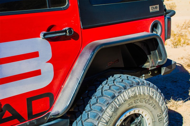 DV8 Offroad Jeep Wrangler JK front and rear flat tube fenders in black, designed for 07-18 models, with rugged off-road style