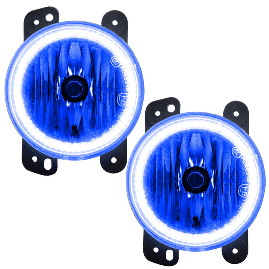 Oracle Lighting blue LED halo fog lights installed on a Jeep Wrangler JK, showcasing pre-assembled fog light units.