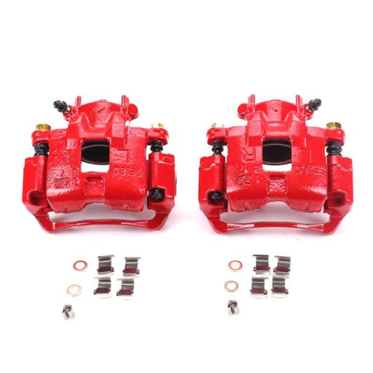 Pair of PowerStop red front brake calipers with brackets for Mitsubishi Lancer 2002-2007, performance disc brake replacement.