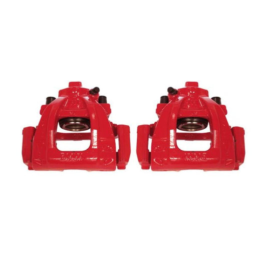Pair of PowerStop Mini Cooper front red brake calipers with brackets, designed for performance and enhanced braking.