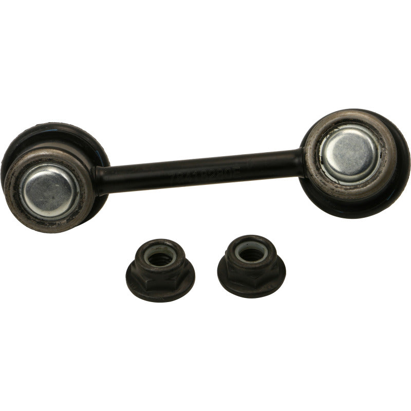 Moog rear right sway bar endlink for Toyota RAV4 2001-2005, close-up of the metal link part showing mounting points.