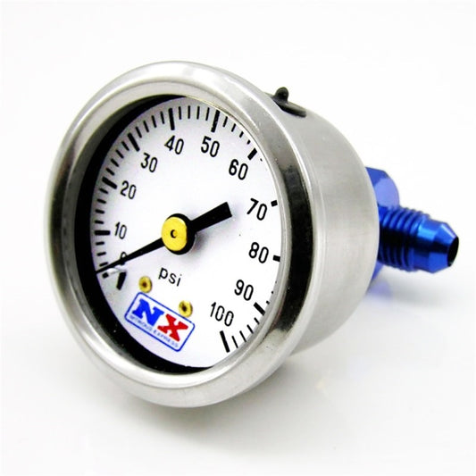 Nitrous Express fuel pressure gauge showing 0-100 PSI with mounting manifold for automotive engine monitoring.