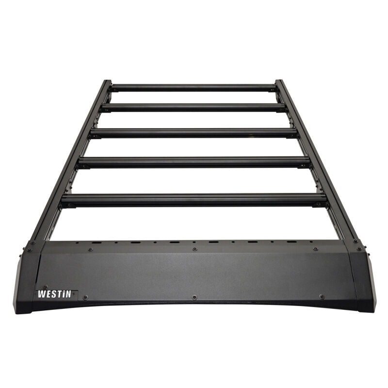Westin 2026 Toyota Land Cruiser Mesa roof rack mounted on vehicle, sturdy black steel roof rack for cargo transportation.
