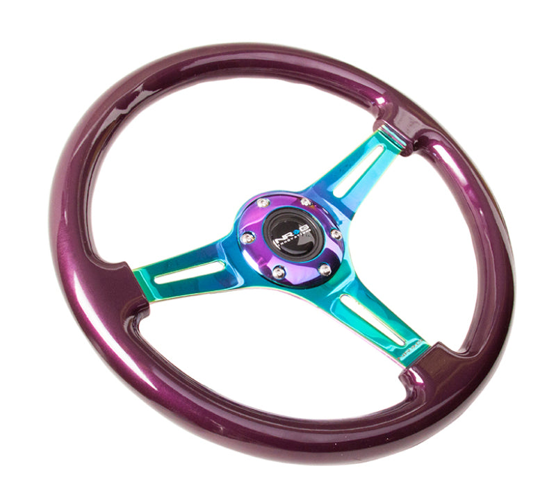 NRG Classic wood grain steering wheel with purple pearl paint and neochrome 3-spoke center, 350mm diameter, for car interiors.