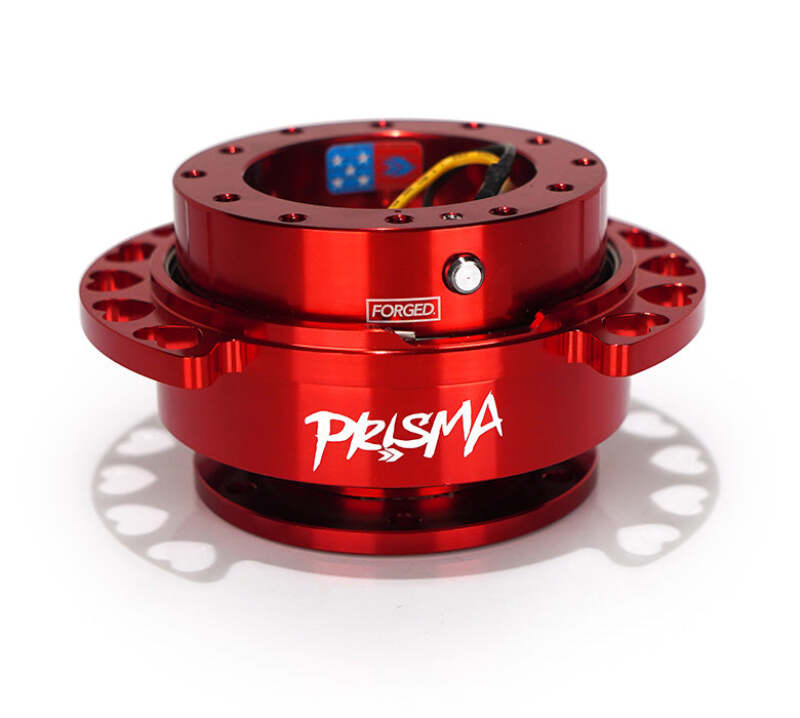NRG Quick Release Kit with red body and heart cutout ring, car steering wheel quick release adapter for easy removal.