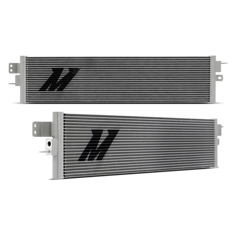 Mishimoto transmission cooler for 2020+ Chevrolet and GMC Duramax L5P 6.6L with metal fins and fittings, designed for efficient cooling.