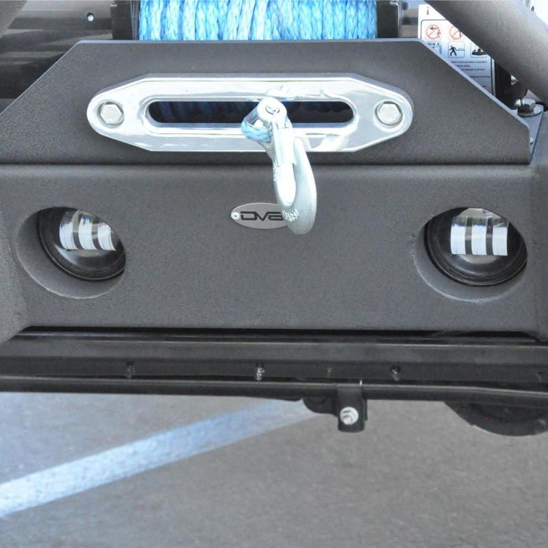 DV8 Offroad Jeep Wrangler JK 4-inch LED fog lights installed, showcasing bright 30W replacement fog lights for off-road visibility.