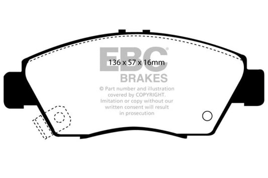 EBC Ultimax2 front brake pads for Acura ILX 1.5 Hybrid, OE quality, durable brake pad set with metal backing plate.