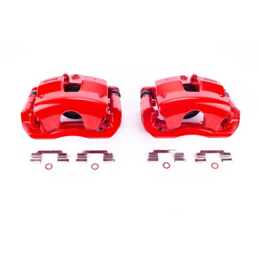PowerStop front red brake calipers with brackets for Mercedes-Benz C300 (2009-2012) shown on vehicle, performance automotive upgrade.