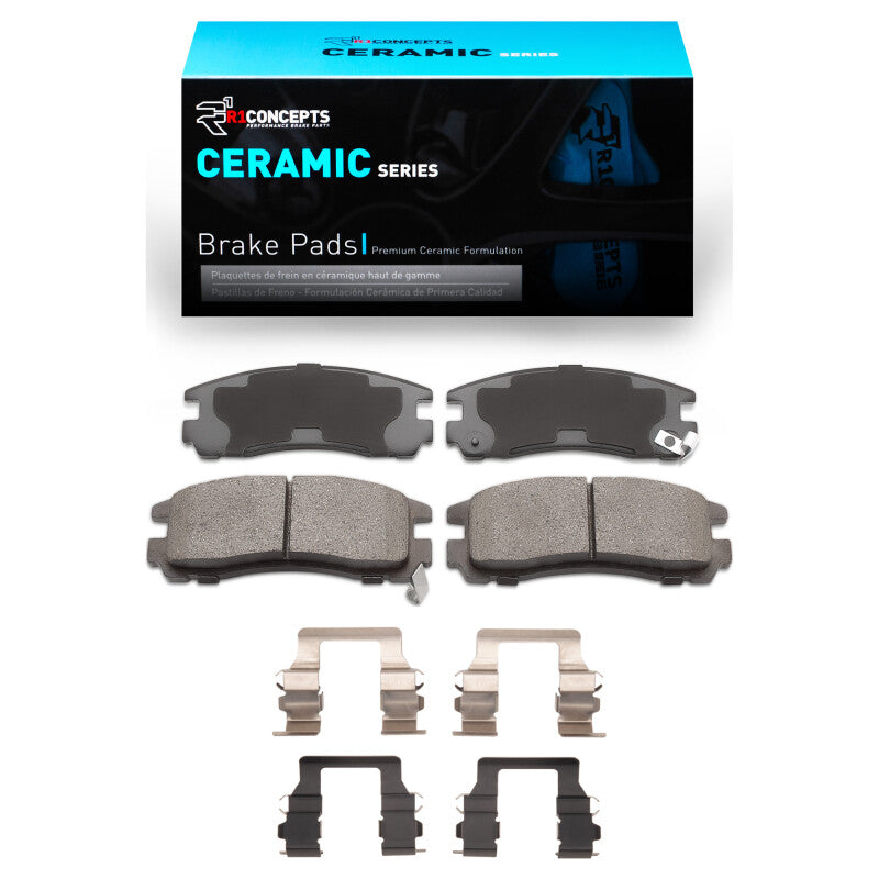 R1 Concepts OE ceramic brake pads and hardware kit for rear of Dodge Stealth R1 88-99 vehicle, showing brake pad set and hardware.