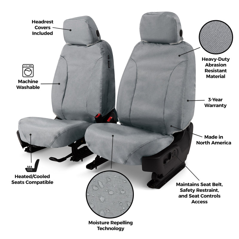 Covercraft waterproof grey Ford Transit front row seat covers, Endura fabric, designed for 2014-2023 models.