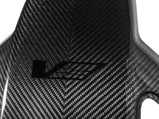 Cadillac ATS-V Sedan Recaro carbon fiber seat rear panel cover replacement, driver and passenger side, for model years 2016-2019.