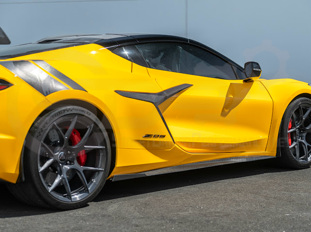 Carbon fiber side fender intake vent door for 2023 Corvette C8 E-Ray and Z06 by Street Driven Performance, replaces stock fender vents.