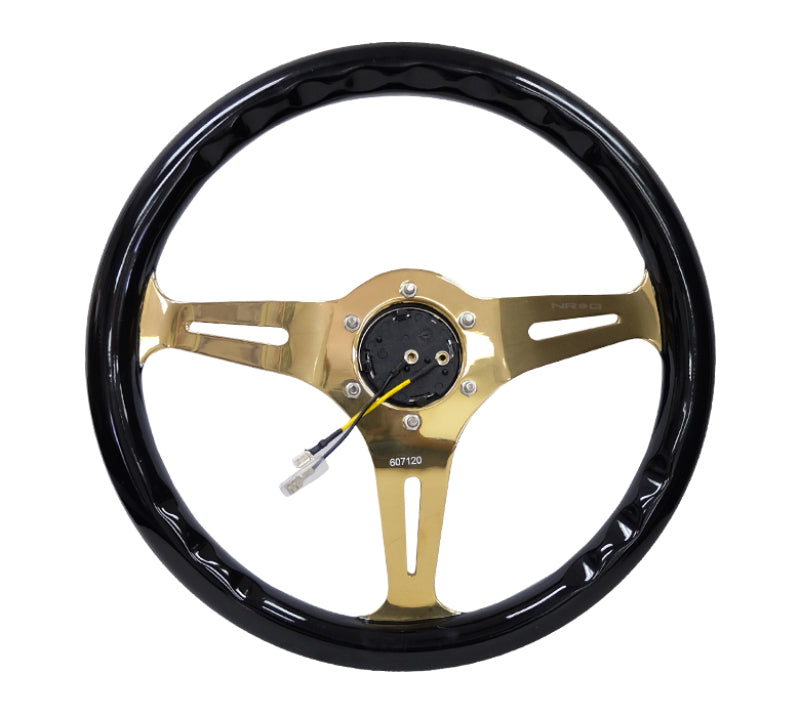 NRG Classic black wood grain steering wheel with chrome gold 3-spoke center, 350mm diameter, sports car steering wheel.