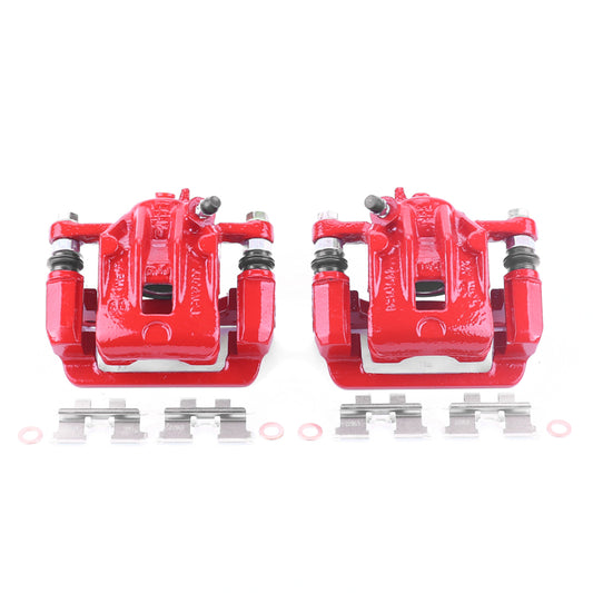 Pair of PowerStop rear red brake calipers with brackets for Hyundai Tucson 2005-2009, performance brake calipers for enhanced stopping power.