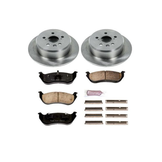 PowerStop rear OE brake kit for Ford Explorer 2002-2005, includes brake rotors and pads, installed on the vehicle's rear axle.