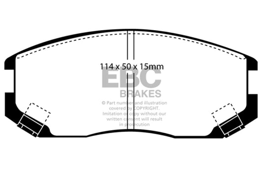 EBC Ultimax2 front brake pads for Dodge Colt 1991-1994, OE style, showing black brake pad with metal backing plate
