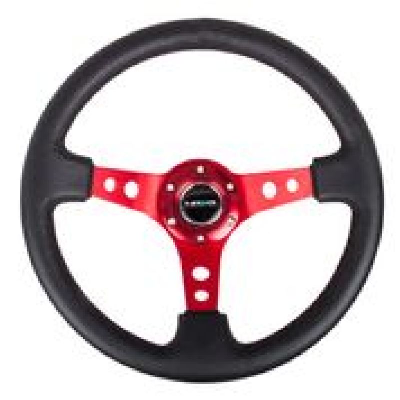 NRG reinforced black leather 350mm steering wheel with red circle cutout spokes, 3-inch deep racing style for cars.