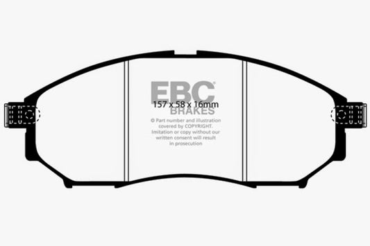 EBC Redstuff front brake pads for Infiniti EX35 3.5, high-performance brake pads with red friction material for improved stopping power.