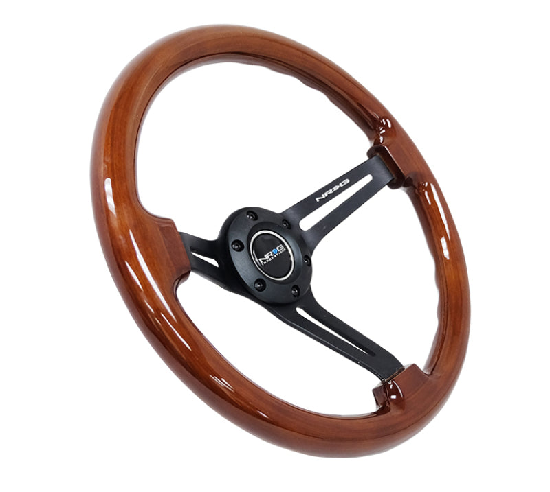 NRG reinforced 350mm brown wood steering wheel with black matte spokes and center mark, designed for racing and performance vehicles.