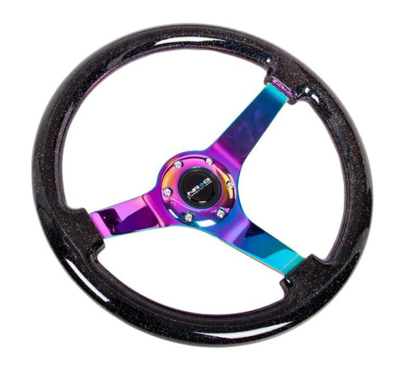 NRG reinforced steering wheel with minty fresh wood grain finish, black 3-spoke center, 350mm diameter, 3-inch deep design