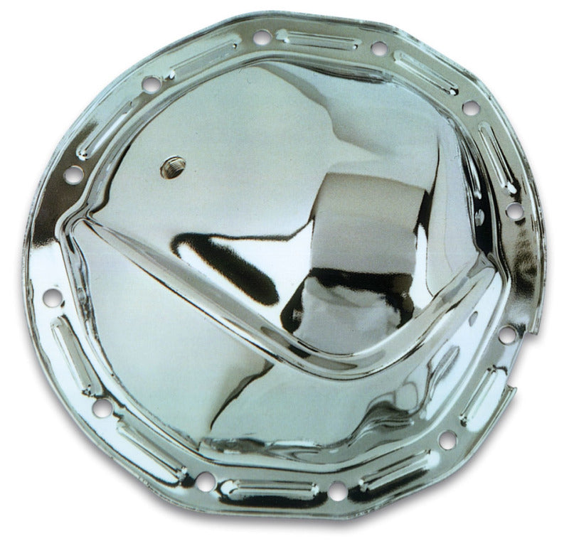 Chrome plated steel Moroso Chevrolet 12 bolt rear end differential cover for engine protection and stylish automotive upgrade.