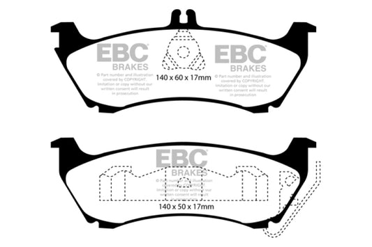 EBC Redstuff rear brake pads for Mercedes-Benz M-Class ML320 3.2, high-performance brake pads with red friction material.