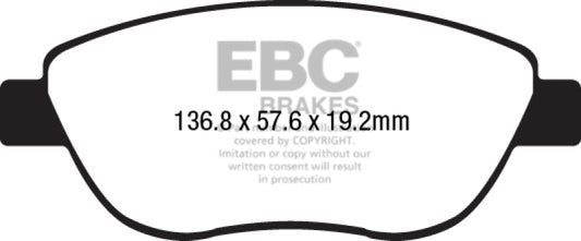EBC Redstuff ceramic front brake pads for Fiat 500 2014-2017, low dust performance brake pads, showing red brake pad material.