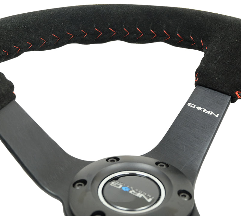 NRG reinforced steering wheel, 350mm black suede with red basketball stitch, 5mm matte black spokes for car interior upgrade.