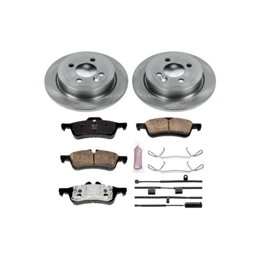 PowerStop OE rear brake kit for Mini Cooper 2007-2008, featuring brake rotors and pads for reliable stopping power
