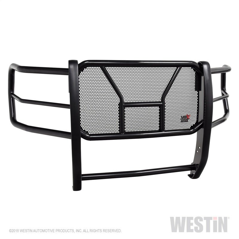 Westin HDX grille guard in black on a 2017-2019 Ford F-250/F-350 with front camera, durable automotive grille guard.