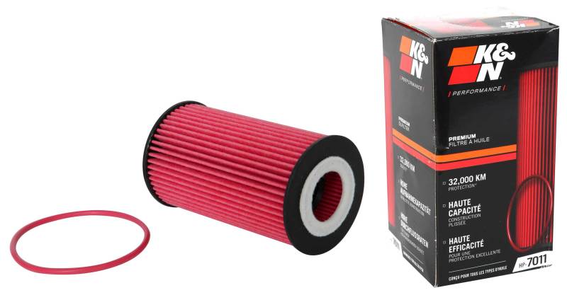 K&N Engineering oil filter for 2008 Porsche 911 3.6L/3.8L engine, showing the cartridge design and branding.