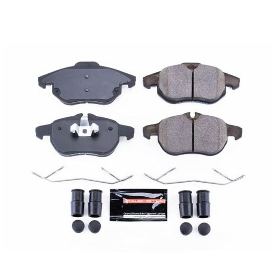 PowerStop Z23 Evolution Sport front brake pads with hardware for Saab 9-3 2006-2009, performance brake pads for improved stopping power.