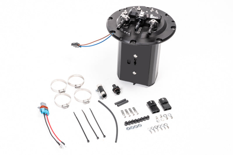 Radium Engineering Subaru fuel hanger for Deatschwerks DW400 fuel pump, shown with mounting hardware and connectors.