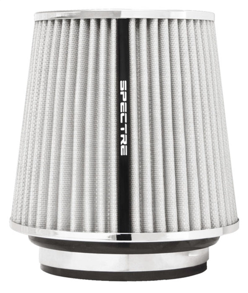 Spectre white adjustable conical air filter, 5-1/2 inches tall, fits 3 to 4-inch tubes, universal fit for automotive air intake systems.