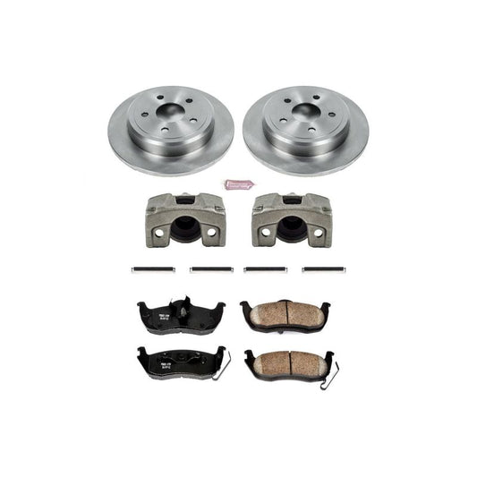 PowerStop OE rear brake kit with calipers for Jeep Commander 2006-2010, includes brake rotors and hardware.