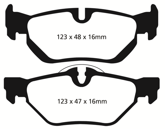 EBC Redstuff rear brake pads for BMW X1 2.0 Turbo (28i), high-performance brake pads shown in the image