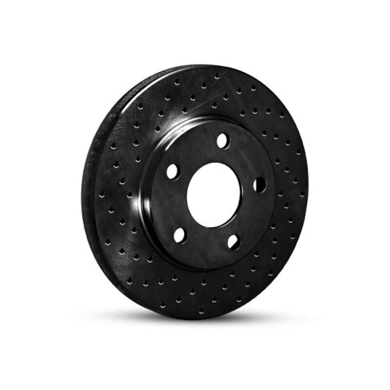 R1 Concepts drilled black front right brake rotor for 1998-2002 Ford Crown Victoria, showing drilled design and metal surface