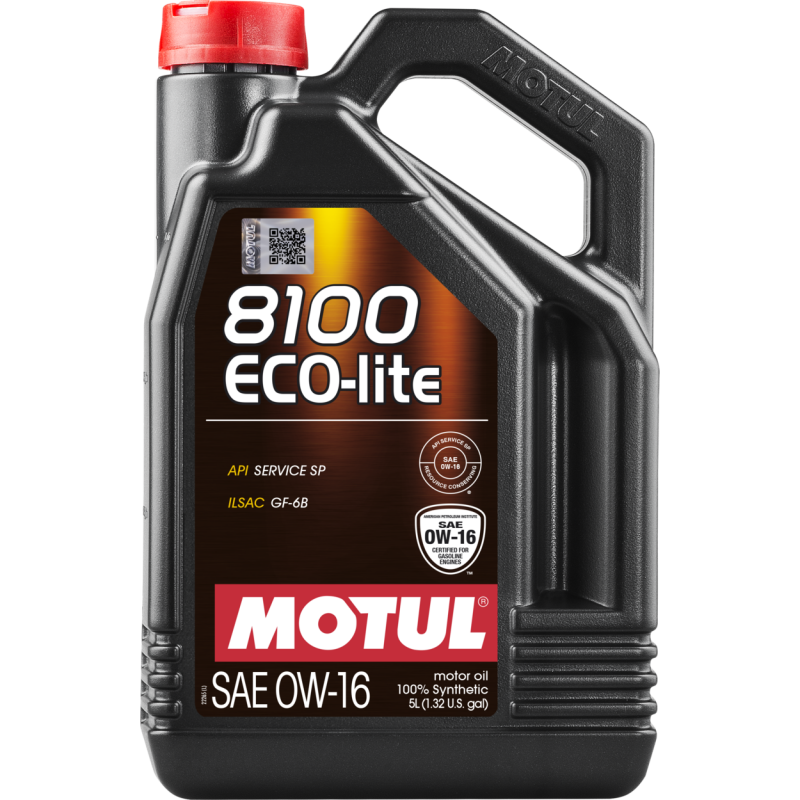 Motul 5L Synthetic Engine Oil 8100 X-Clean 0W16, motor oil container with black cap and label, for vehicle engine lubrication